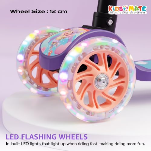 Image of Kidsmate Flashwheel Kick Scooter for Kids with LED Wheels | 3-Wheel Skate Scooter for Boys & Girls of Ages 2-12 Years | 5-Level Adjustable Height, and Easy Fold Design Scooter for Kids (Pink Purple)