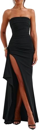 Womens Strapless Maxi Dress High Slit Long Gown