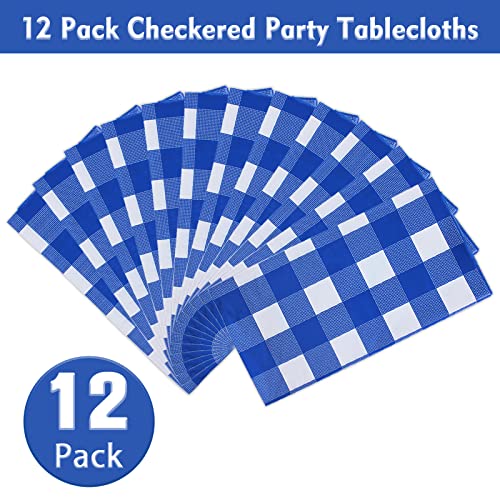 Image of Kesfey 12 Packs Bule and White Checkered Tablecloths Party Picnic Disposable Table Covers 54 x 108 Inches Splashproof Plastic Checkered Gingham Tablecover for Outdoor Dinners Party Retro Celebrations