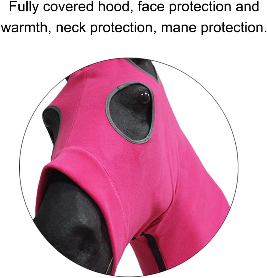 SagaSave Full Face Horse Head Hood Comfortable Horse Covering Blanket All-Covered Soft Fleece Horse Cover with Zipper Warming Hood for Horse Head and Neck Protection (Pink-L)