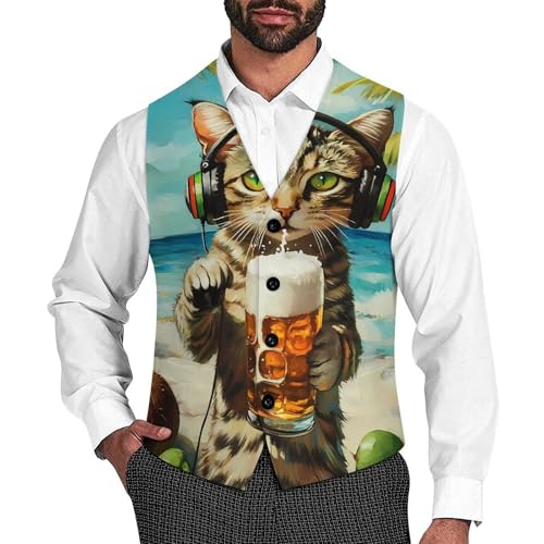 Beer Cat Men's Suit Vest Slim Fit Business Dress Party Pattern Waistcoat Vest Top