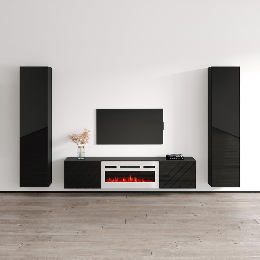 Meble Furniture Luxe WH-EF 41'' Wall-Mounted Entertainment Center — Electric Fireplace and Storage Bookcases — High Gloss Finish, 41 x 15 x 60 inches — Black