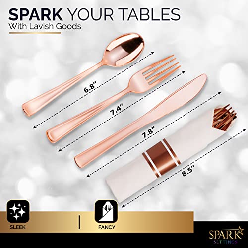 Rose Gold Plastic Silverware, 50 Pre Rolled Napkin And Cutlery Set, Elegant Wrapped Plastic Cutlery Set With Napkin, Forks, Knives, Spoons Rose Gold Cutlery Set Disposable For Party -By Sparksettings #TOP3