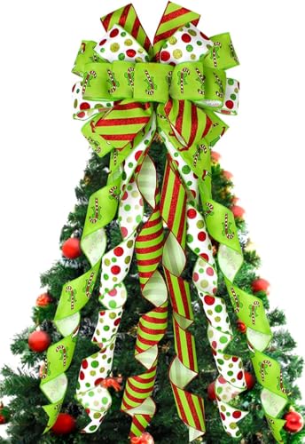 LATERN Rosso Verde Fiocco Puntale per Albero di Natale, 32CM x 113CM Grande Fiocco Natalizio in Velluto con Pois Bastoncini di Zucchero Filanti per Natale Albero Camino Ghirlanda Porta Decorazioni