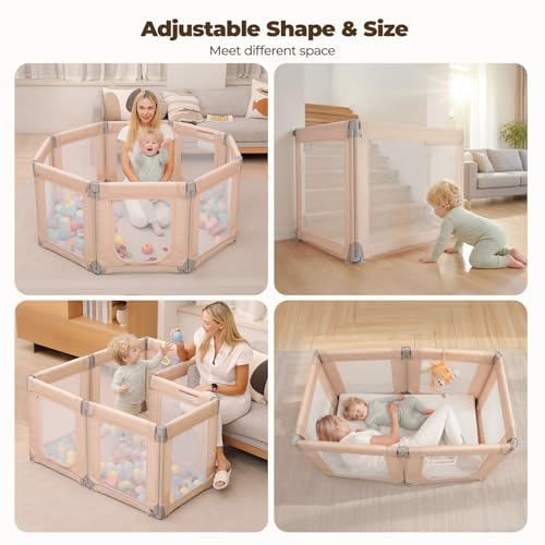 Image of Foldable Baby Playpen, 47 inchx49 inch Collapsible Play Pen for Babies Toddlers, 360 Vision Mesh Play Yard with Zipper Gate, Adjustable Shape Safety Baby Fence with Handles, Portable Indoor Outdoor, Khaki
