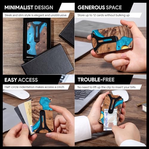Image of Wallet for Men, Minimalist Slim RFID Blocking Resin Wood Credit Card Holder with Money Clip, Easily Removable Cash&Card Metal Wallet,Resin River,Natuarl Walnut Wood,Unique Pattern,Gift for Men