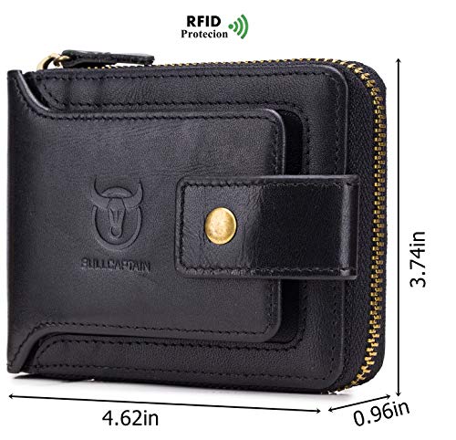 BULLCAPTAIN Men Zipper Around Wallet Genuine Leather RFID Blocking Bifold Large Capacity Coin Purse with ID Window (Black)2