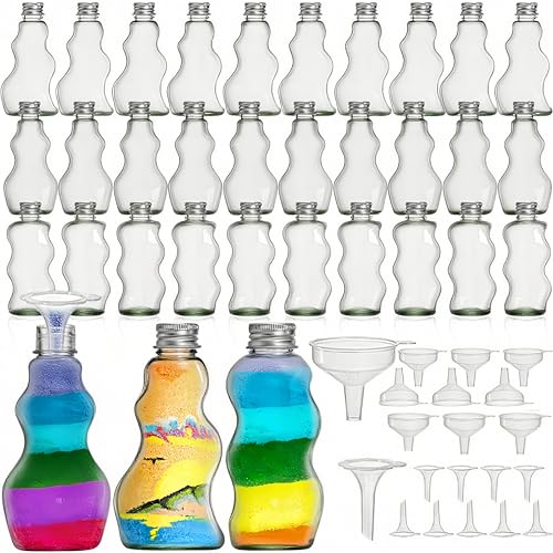 Tlence 30 Pack Sand Art Bottles with Lids 2.5 oz Sand Decorative Container with Large Funnels Small Funnels 3 Style Clear Plastic Jars Bulk Mini Craft Collection Kit for DIY Wedding Birthday