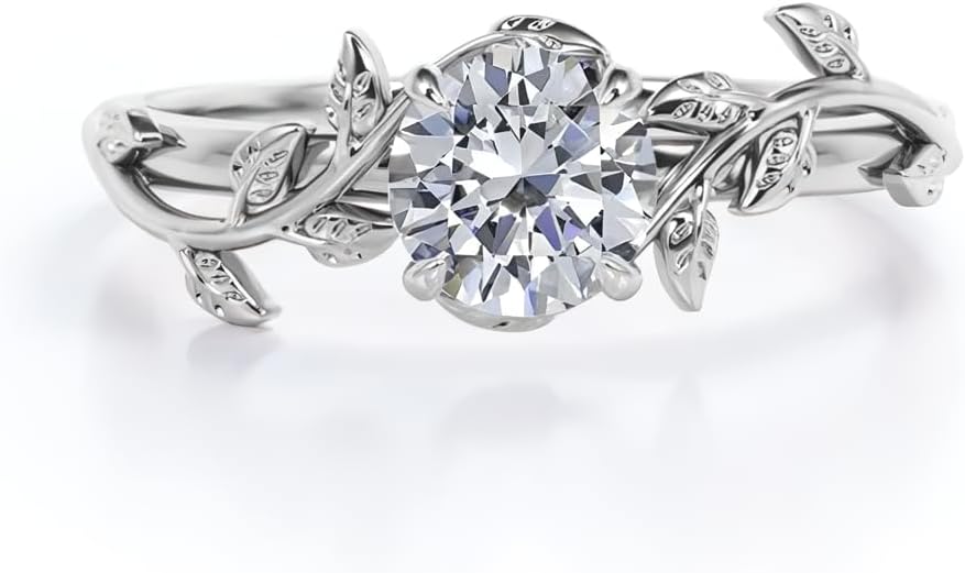 Moissanite Engagement Rings for Women 1CT Center Brilliance Round Cut Engagement Ring Vintage Vine Leaf Promise Ring in 925 Sterling Silver 10K 14K 18K Gold