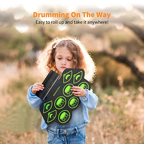 Konix Electronic Drum Set, 9 Pads Roll-Up Electric Drum Set, Practice Drum Pad Midi Drum Kit With Headphone Jack Built-In Speaker Digital Drum Pedals Drum Sticks, Holiday Birthday Gift For Kids Green #TOP6