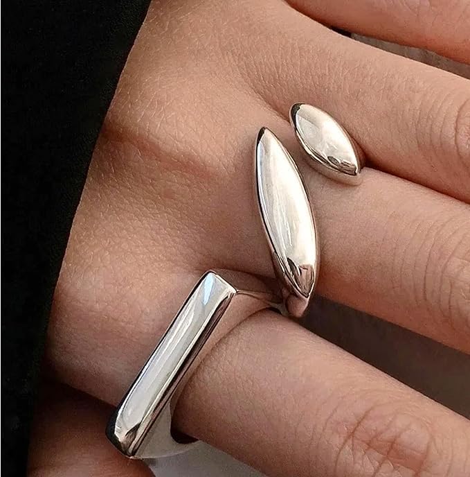 QueenBee Silver Plated Adjustable Geometric Statement | Minimalist Asymmetric Open Cocktail Jewelry | Trendy Bold Design for Stacking | Hypoallergenic Smooth Punk-Inspired Accessory - Image 4