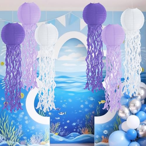 Image of Set of 6 Hanging Jellyfish Paper Lanterns Blue Jellyfish Decor for The Sea Ocean Party, Mermaid Birthday Decoration, Baby Shower, Nautical Events (Purple)