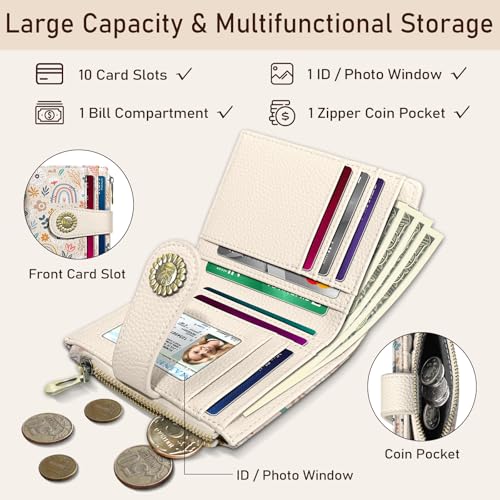 Image of Kelvoris Rainbow Flower Floral Small Rfid Women Wallet Zipper Coin Pocket | Bifold PU Leather Compact Cash Credit Card Holder Travel Purse for Female Ladies Teen Girls 1 ID Window 10 Card Slots
