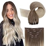 Easyouth Balayage Clip in Extensions Platinblond Mit Hellbraun Ombre Echthaar Clip Extensions Remy 16 Zoll 120g Echthaar Clip in Extensions Glatt
