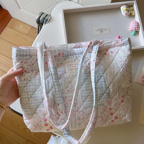 Image of Floral Quilted Cotton Shoulder Bag for Women Daily Use Medium Size Handbag Large Capacity Thickened Design Tote