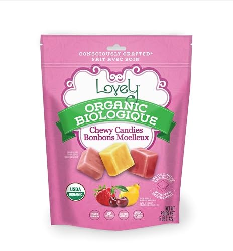 Lovely Candy Co. Organic Chewy Candies 5oz Bag (1-pack) | Natural Strawberry, Lemon & Cherry Flavors | Vegan, Gluten Free, Non-GMO, No Artificial Ingredients, Individually Wrapped