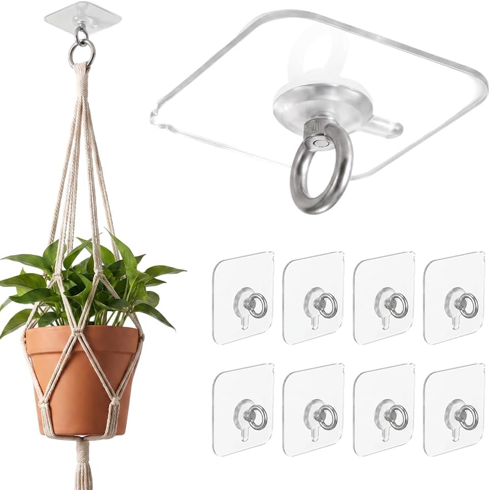 Sueea Adhesive Ceiling Hooks, Clear Self‑Adhesive Hooks for Indoor & Outdoor, Home Office Kitchen, Ideal for Holding Hanging Greenery, 8PCS, Square