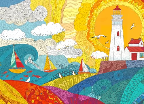 Lucky Puzzles - Lighthouse of a Thousand Suns - 1000 Piece Jigsaw Puzzle for Adults | Unique Nautical Zentangle Puzzle | Premium Puzzle Gift for Ocean and Art Lovers