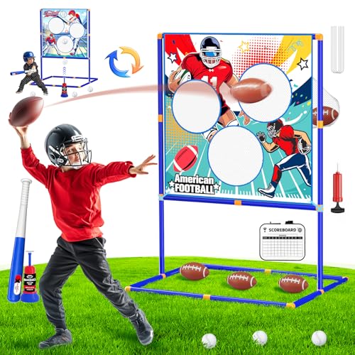 2-in-1 Football & Baseball Toss Target Games for Kids 4-8 8-12, 3-Hole Double-Sided Strike Zone with T Ball Set and Ball Launcher for Toddlers, Indoor Outdoor Toys Backyard Sport Gifts for Boys