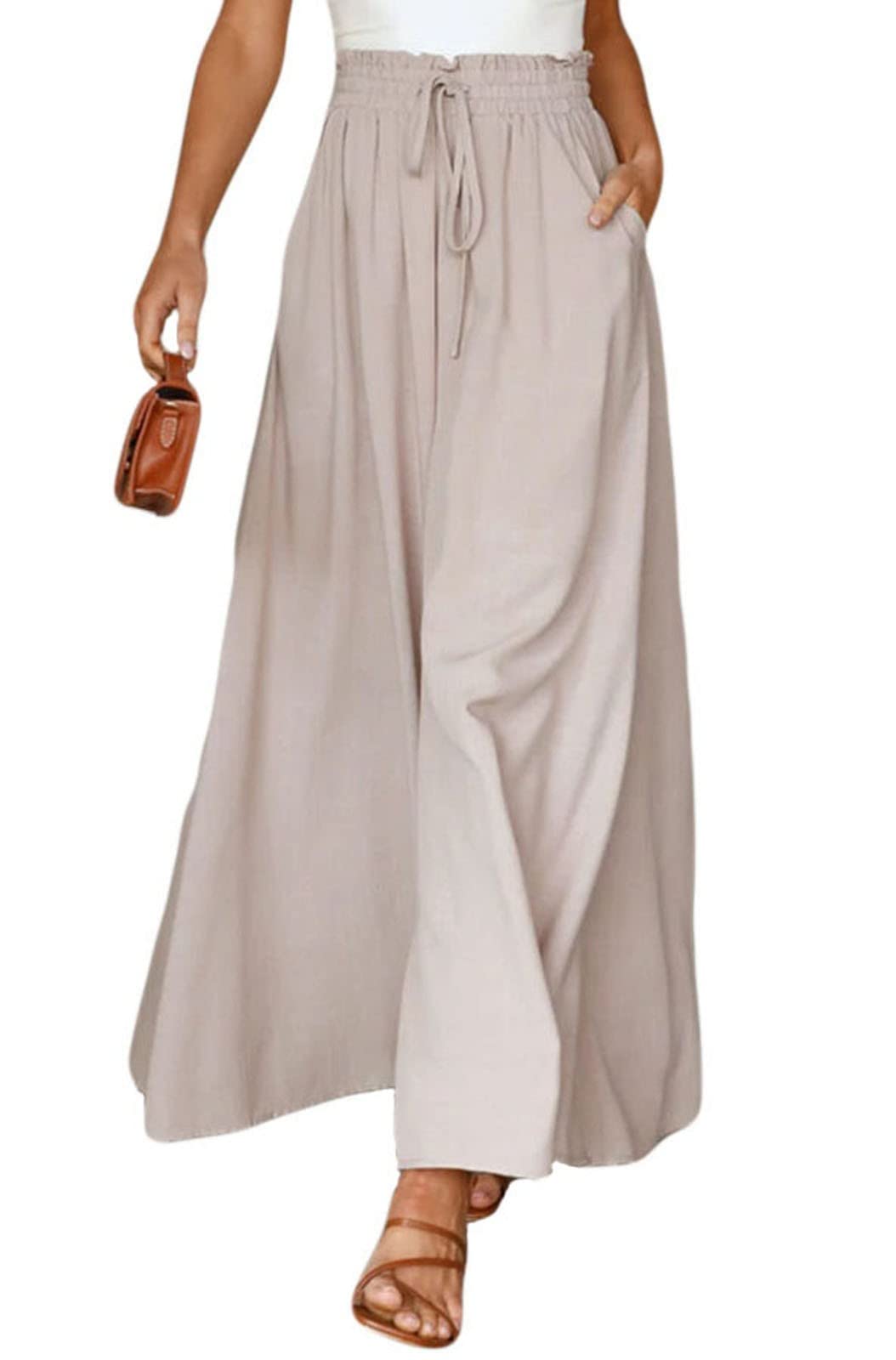 ASKSA Pantalon Femme Été Elastique Taille Haute Décontracté Léger Fluide Elegant Unie Pantalons Cordon avec Poches