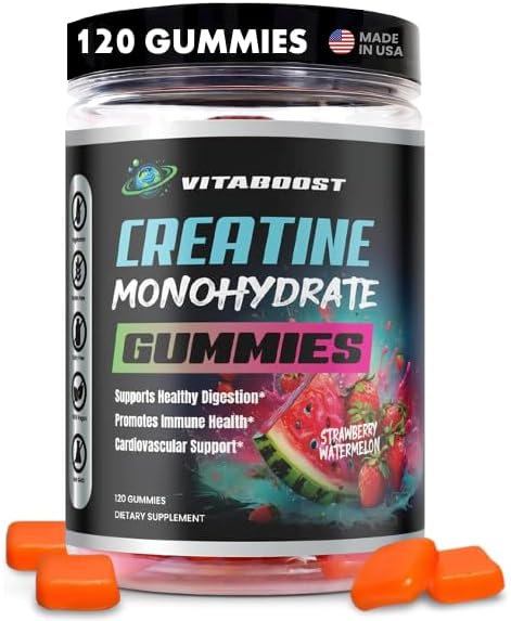 Gomitas de creatina de 0.18 onzas - Monohidrato de creatina natural para hombres y mujeres - Delicioso sabor a fresa y sandía - Aumenta la fuerza,