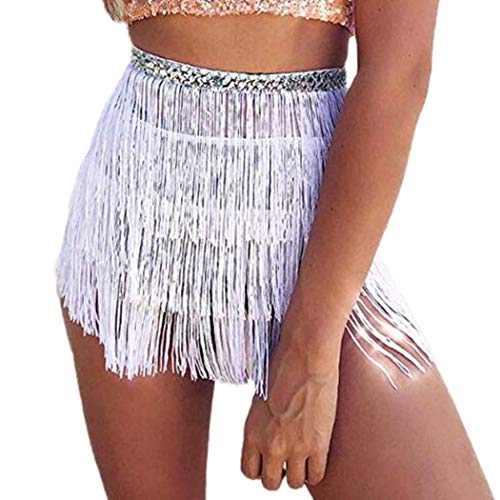 RELBCY Belly Hip Skirts Tassel Scarf Dance Fringe Skirt Wrap Festival Rave Belts for Women and Girls (White)