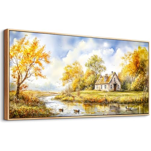 ERQINHUA Large Wall Art For Living Room Canvas Wall Decor For Bedroom Office Dining Room Yellow Pastoral Creek Landscape Painting Prints Pictures Farmhouse Home Wall Decoration 30"x60" Wood Frame