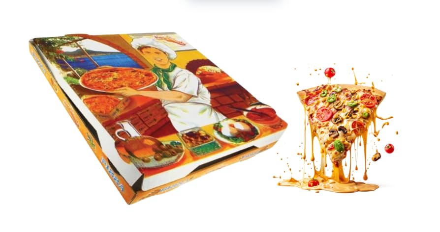IMTINA, Cajas para Pizza con Diseño Kraft 100 Uds, Cartón Microcanal Compostable, Resistentes y Profesionales, Ideales para Delivery y Takeaway, Tamaño 360x360x35mm
