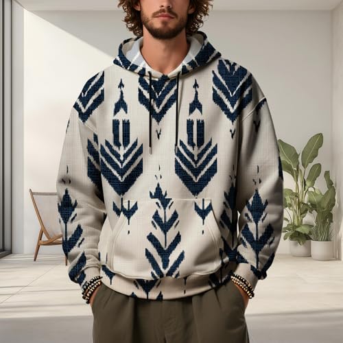 Mens Hoodies Western Aztec Print Ribbed Long Sleeve Pullover Sweatshirts with Drawstring Hoodie Kangaroo Pocket3
