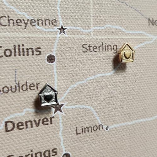 Image of Mini House Push Pins - Silver House Pins - for Cork Board, Maps, or Lapel Pin Use - Designed in USA - Set of 4