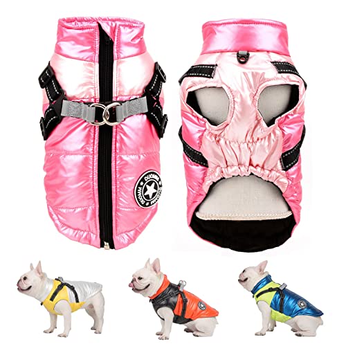 SMALLLEE_LUCKY_STORE Pet Colorblock Sport Waterproof Winter Jacket Vest with Harness D-ring for Small Medium Dog Cat Zip-up Padded Puppy Coat Chihuahua Yorkie French Bulldog Warm Clothes,Pink,S