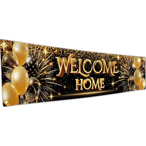 Welcome Home Banner - Welcome Home decorations - Welcome Back banner - 180 x 40cm with picture of Welcome Home Balloon - We Missed You Banner (Black and Gold)