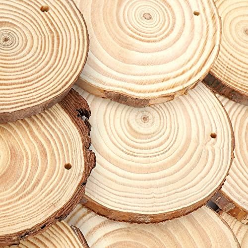 Kurtzy 10 pcs Unfinished Wood Slices with Holes & String - 12-14cm Diameter, 10mm Thick - Rustic Natural Wooden Log Discs with Bark - for Arts/Crafts, DIY, Hanging Decorations & Christmas Ornaments