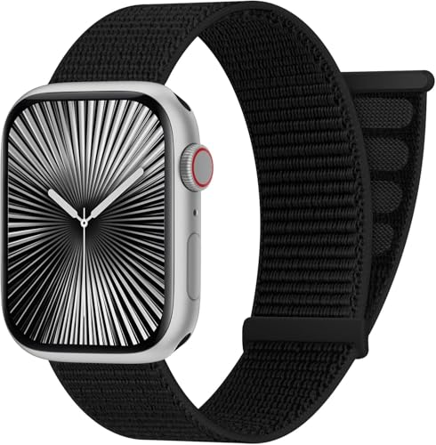 AMSKY Nylon Sport Loop Band Kompatibel mit Apple Watch Armband 40mm 42mm 46mm 44mm 45mm 41mm 38mm 49mm, für iWatch Series 11 10 9 8 7 6 5 4, Ultra SE 3 2 1, Schwarz, 46mm/44mm/45mm/49mm