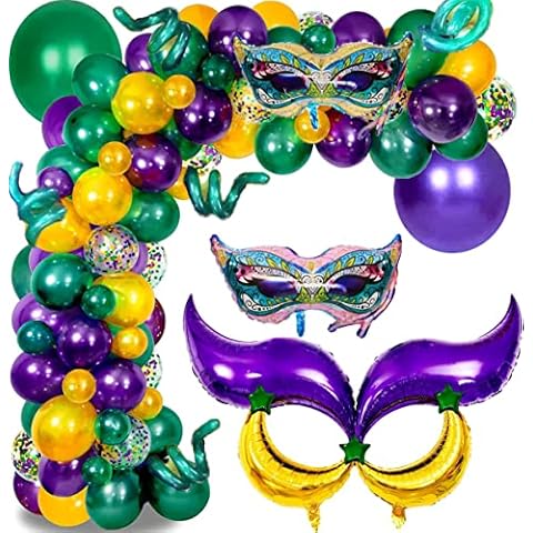Mardi Gras Garland Arch Kit 114 PCS Mardi Gras Balloons Purple Green Yellow Balloons Mardi Gras Mask Moon Star Foil Balloons for Mardi Gras Birthday Baby Shower Masquerade New Orleans Party Decoration Cover