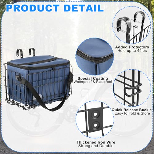 Bike Basket Front, Folding Bicycle Basket with Removable Liner Bag, Removable Front Bag/Rear Hanging Cargo Rack, Large Quick Release Design Bicycle Frame Basket, Carrying Pets Fruit & Grocery (Blue)