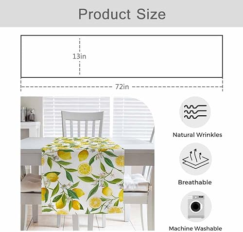 Miniatura 6 de HOSNYE Camino de mesa con flores amarillas de frutas de limón, camino de mesa de lino y algodón para decoración de cocina, mesa familiar, mesa de