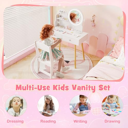 Image of HONEY JOY Kids Vanity, Little Girls Vanity Set with Mirror and Stool and Lights, Drawers, Toddler Makeup Vanity Dressing Table, Wooden Pretend Play Kids Vanity Table and Chair Set (White)