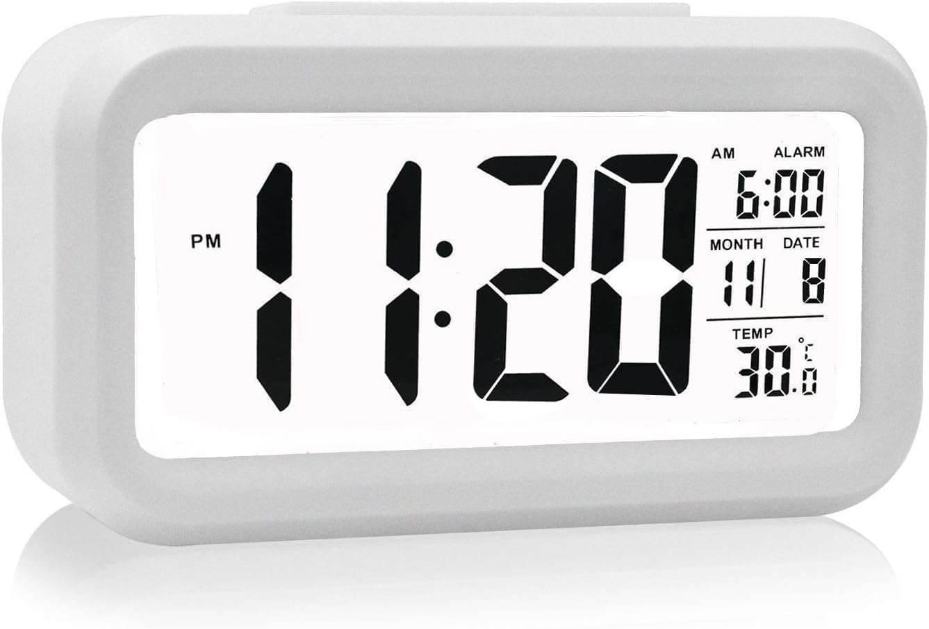 - LED Digital Alarm Clock Table Clock for Students, Home, Office, Study, Kitchen, Loud Desk Alarm Clock for Heavy Sleepers with Automatic Sensor, Time, Date & Temperature Display (White)