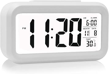 Digital Alarm Clock, Alarm Clock Battery Operated/Night Light/Indoor Temperature, Small Digital Clock with Funny Box White