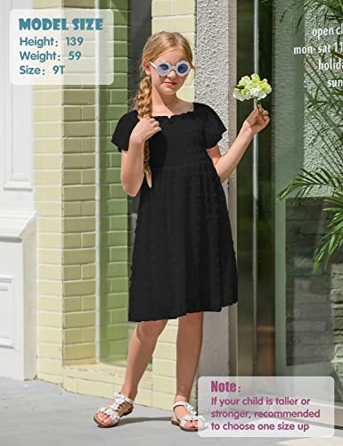 Kids4Ever Solid Black Flared Sleeve Swiss Dot Dress For 10 11 Years Old Girls Chiffon Ruffle Skirts Square Neck Dresses Size 10-11 Big Girl Swing Midi Dress Classy Easter Frocks #TOP1