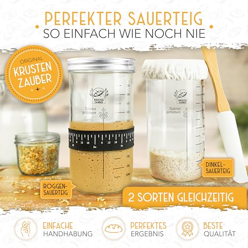 KRUSTENZAUBER 2x Sauerteig Starter Set - 2x 600ml Gärglas mit Spatel u. Thermometer - Brot Backen Zubehör, Sauerteig Glas, Fermentieren, Sourdough Starter Kit, Anstellgut Glas, Fermentierglas