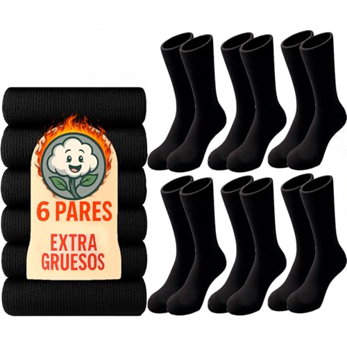 PS PROUTHS 6 Pares Calcetines Térmicos Hombre y Mujer – Calcetines Invierno Algodón o Lana - Calcetines Frío Extremo Interior Afelpado (FR/ES, Números, 40, 46, Regular, Regular, Algodón)