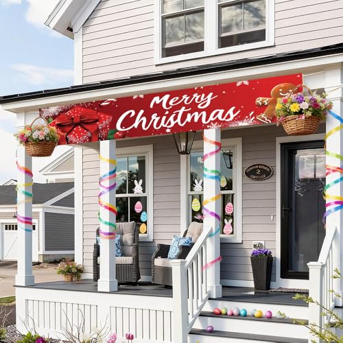 Image of Red Gift Box Christmas Banner 78.7 x 17.7 Inch Gingerbread Candy and Ribbon Bow Design Holiday Backdrop for Home Yard Garden Fence or Indoor Wall Decoration Celebration Display