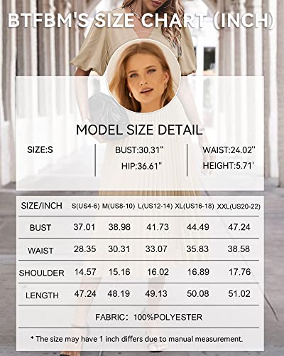 Btfbm Women Casual Dresses 2023 Summer Boho Wrap V Neck Puff Short Sleeve Beach Party Flowy Pleated A-Line Maxi Dress(Solid Khaki, X-Large) #TOP4