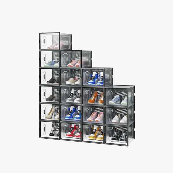 NovaXZ 18-Piece Medium Black Plastic Mesh Shoe Box Set - 35.00 * 25.00 * 19.00cm, Modular Design for Home Storage