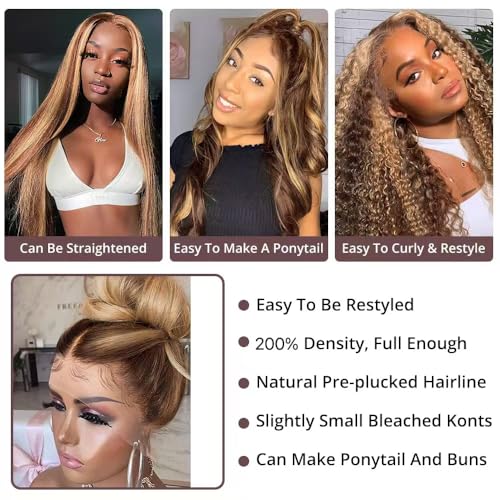 UMEGOOD 13X4 Honey Blonde Wig Human Hair With Baby Hair 200 Density 4/27 Ombre Highlight Lace Front Wigs Human Hair For Women Pre Plucked Body Wave HD Transparent Lace Frontal Wigs Human Hair 32 Inch — view 5