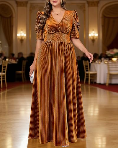 Image of Pinup Fashion Velvet Wedding Guest Dress - Fall Formal Holiday V Neck Empire Waist Long Dresses