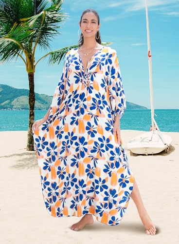 Image of Yanziliu Kaftan Dress for Women,Plus Size Hawaiian Batwing Sleeve Beach Cover Up Summer Swimsuit Dresses