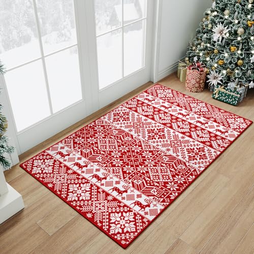 HUGEAR 2x3 Christmas Red Entryway Rug Non Slip for Front Door,Vintage